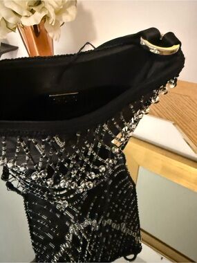 Beaded Black Evening Clutch with Silver Accents